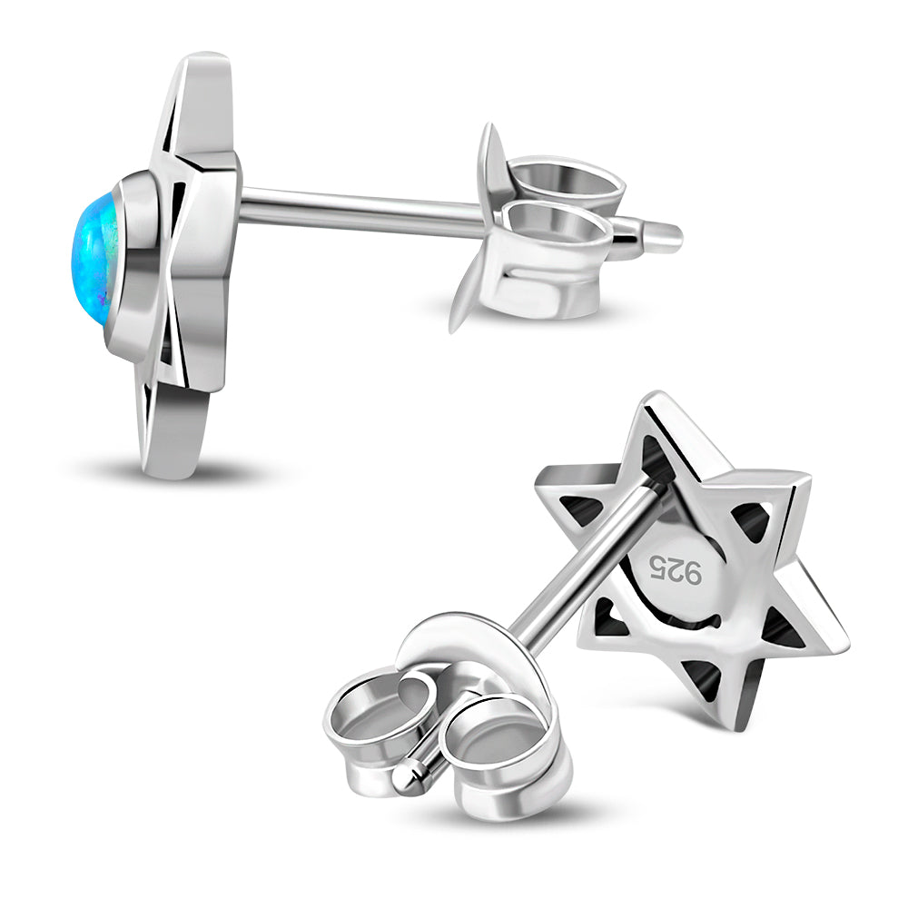 Star Of David Jewish Judaica 925 Sterling Silver Stud Earrings With Synthetic Blue Opal