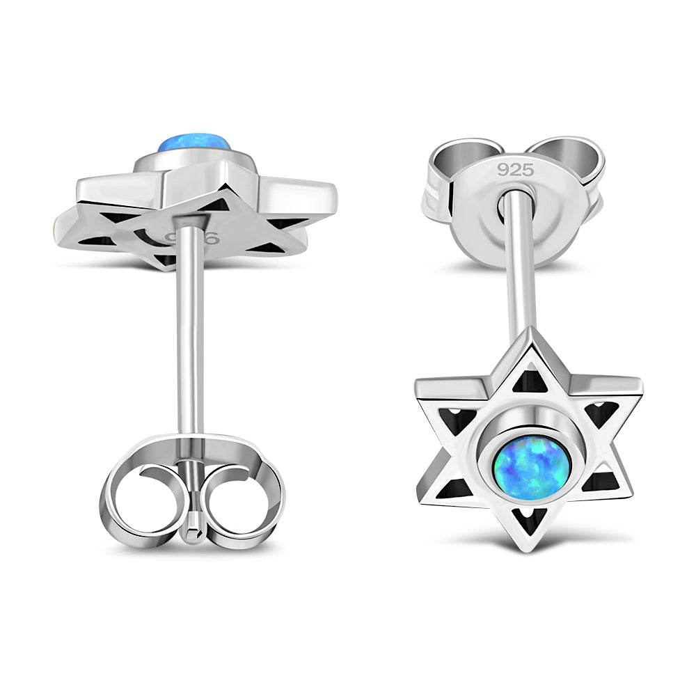 Star Of David Jewish Judaica 925 Sterling Silver Stud Earrings With Synthetic Blue Opal