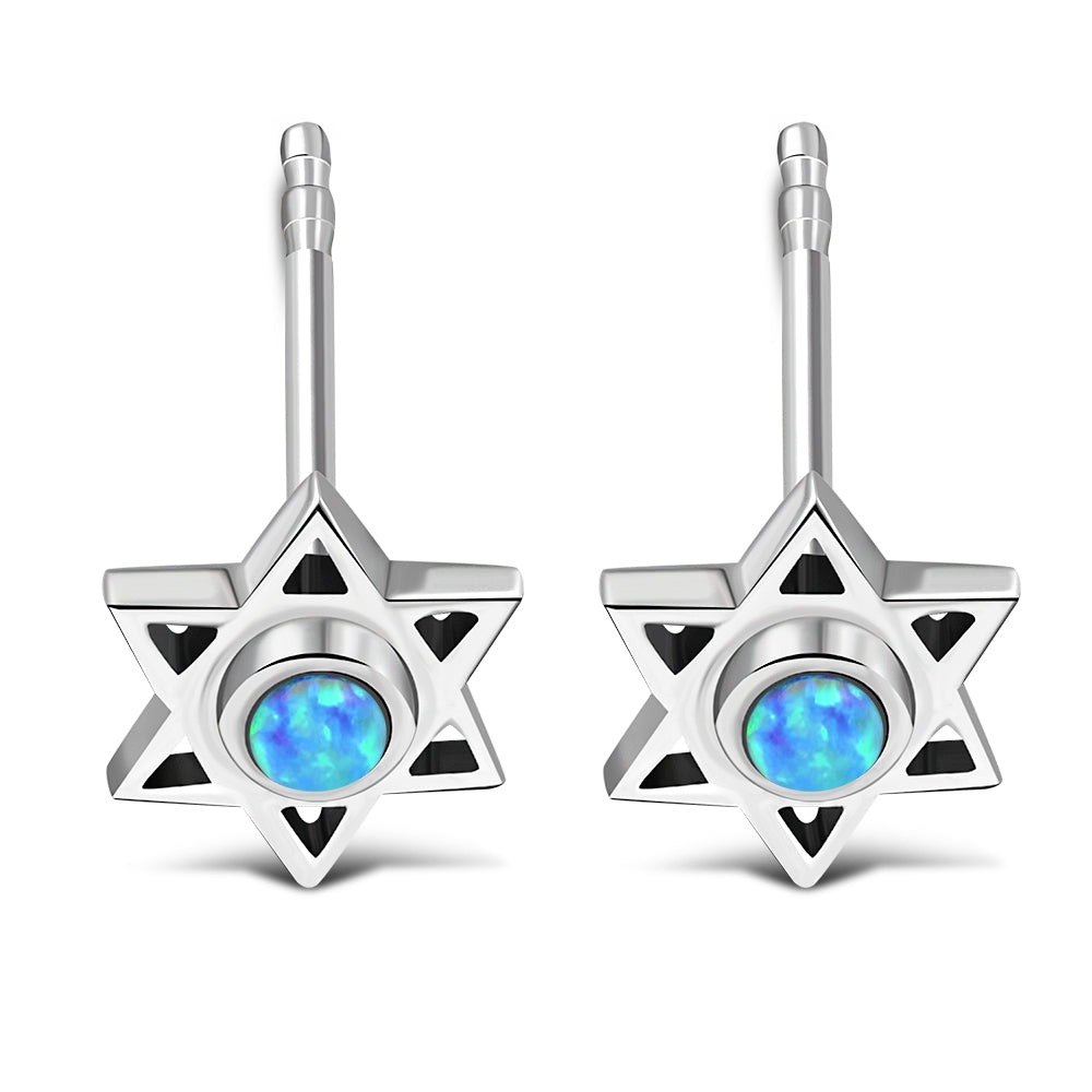 Star Of David Jewish Judaica 925 Sterling Silver Stud Earrings With Synthetic Blue Opal