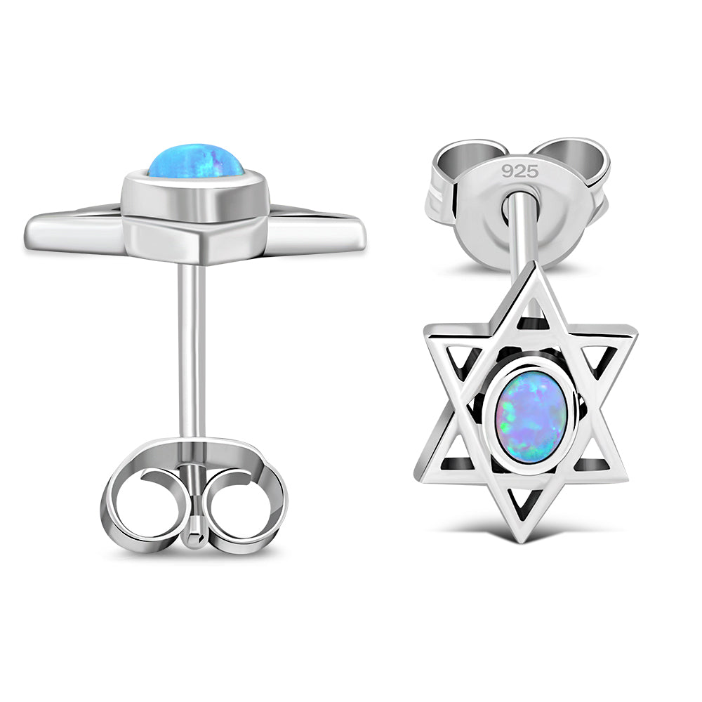 Star Of David Jewish Judaica 925 Sterling Silver Stud Earrings With Synthetic Blue Opal