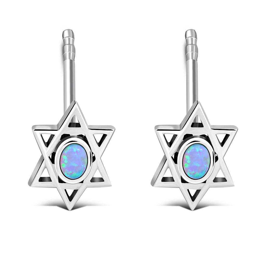 Star Of David Jewish Judaica 925 Sterling Silver Stud Earrings With Synthetic Blue Opal