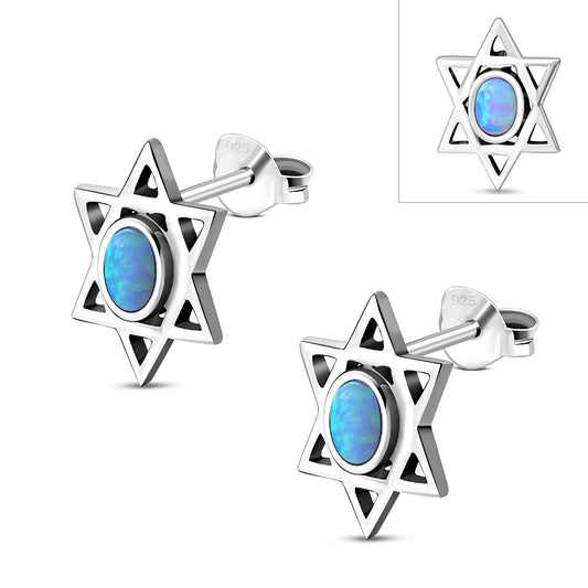 Star Of David Jewish Judaica 925 Sterling Silver Stud Earrings With Synthetic Blue Opal