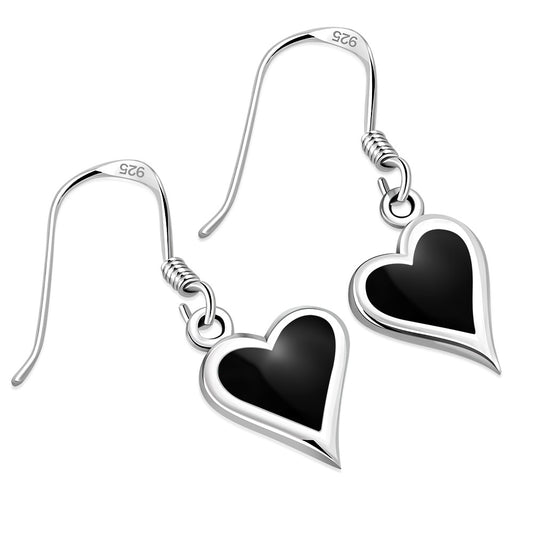 Black Onyx Heart Silver Earrings