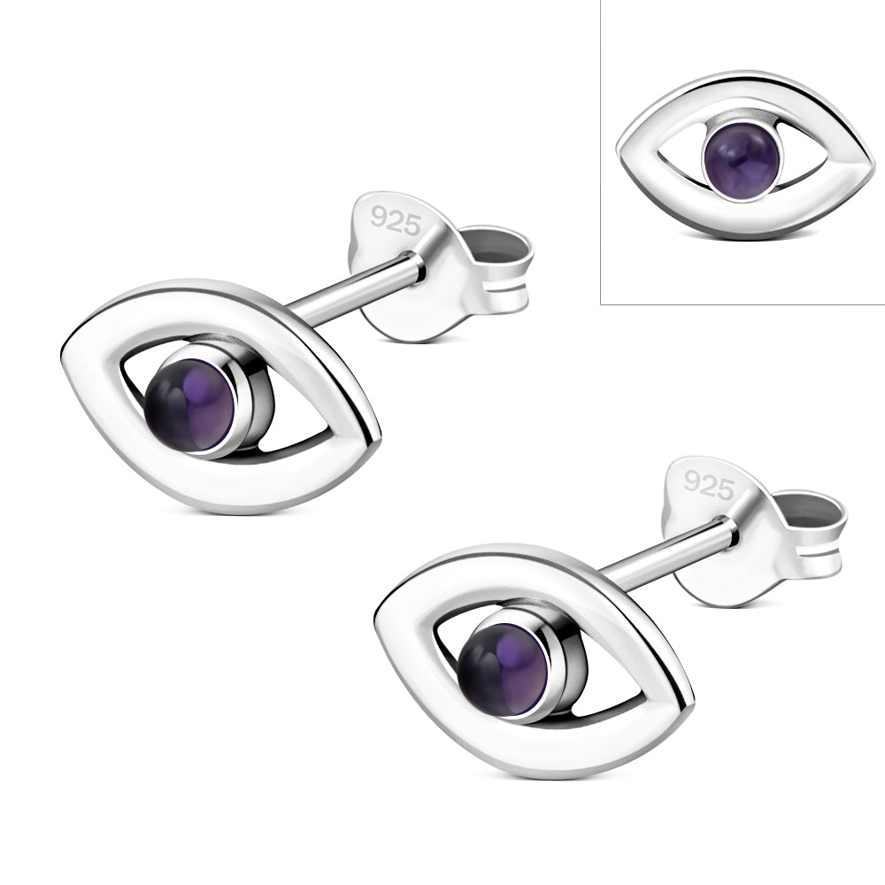 Amethyst Stone Evil Eye Sterling Silver Stud Earrings