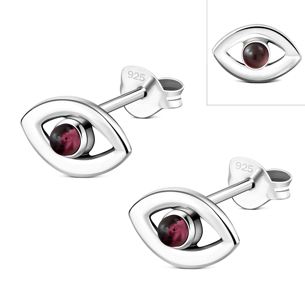 Garnet Evil Eye Sterling Silver Stud Earrings