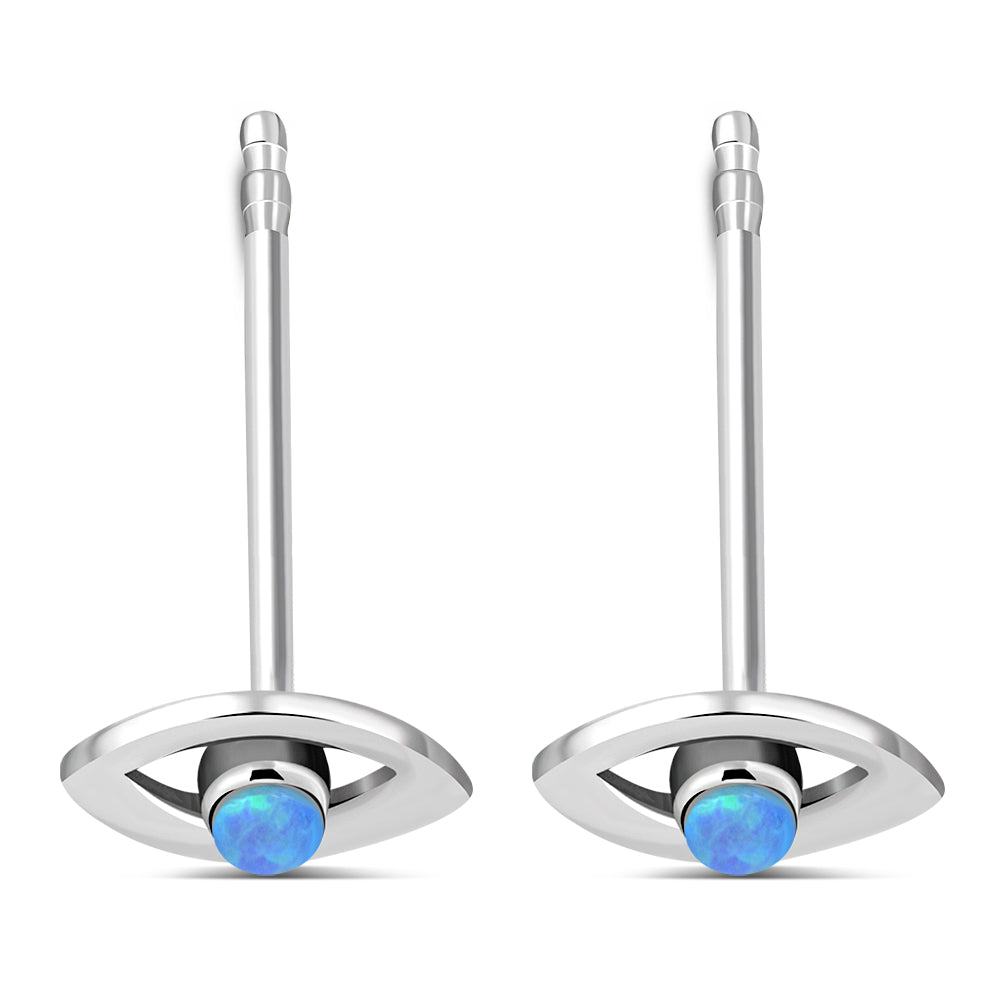 Synthetic Blue Opal Evil Eye Stud Silver Earrings