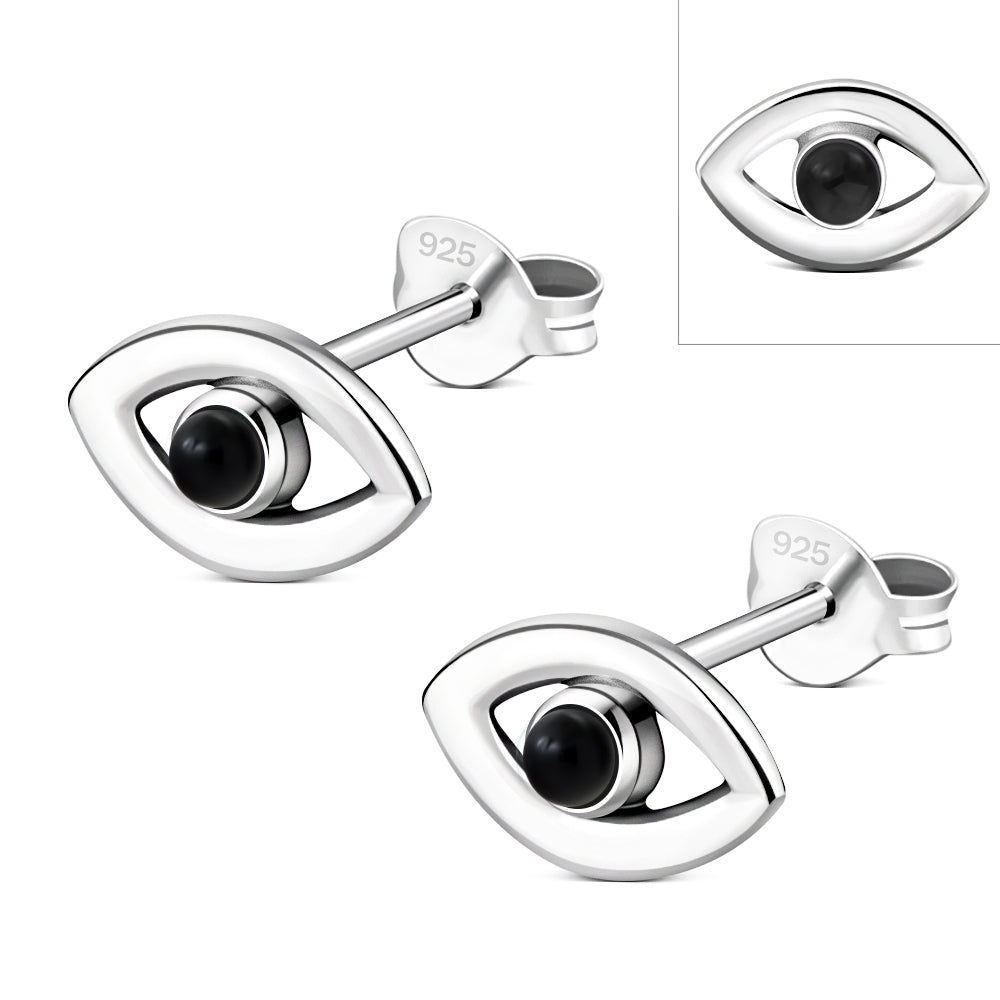 Black Onyx Evil Eye Sterling Silver Stud Earrings