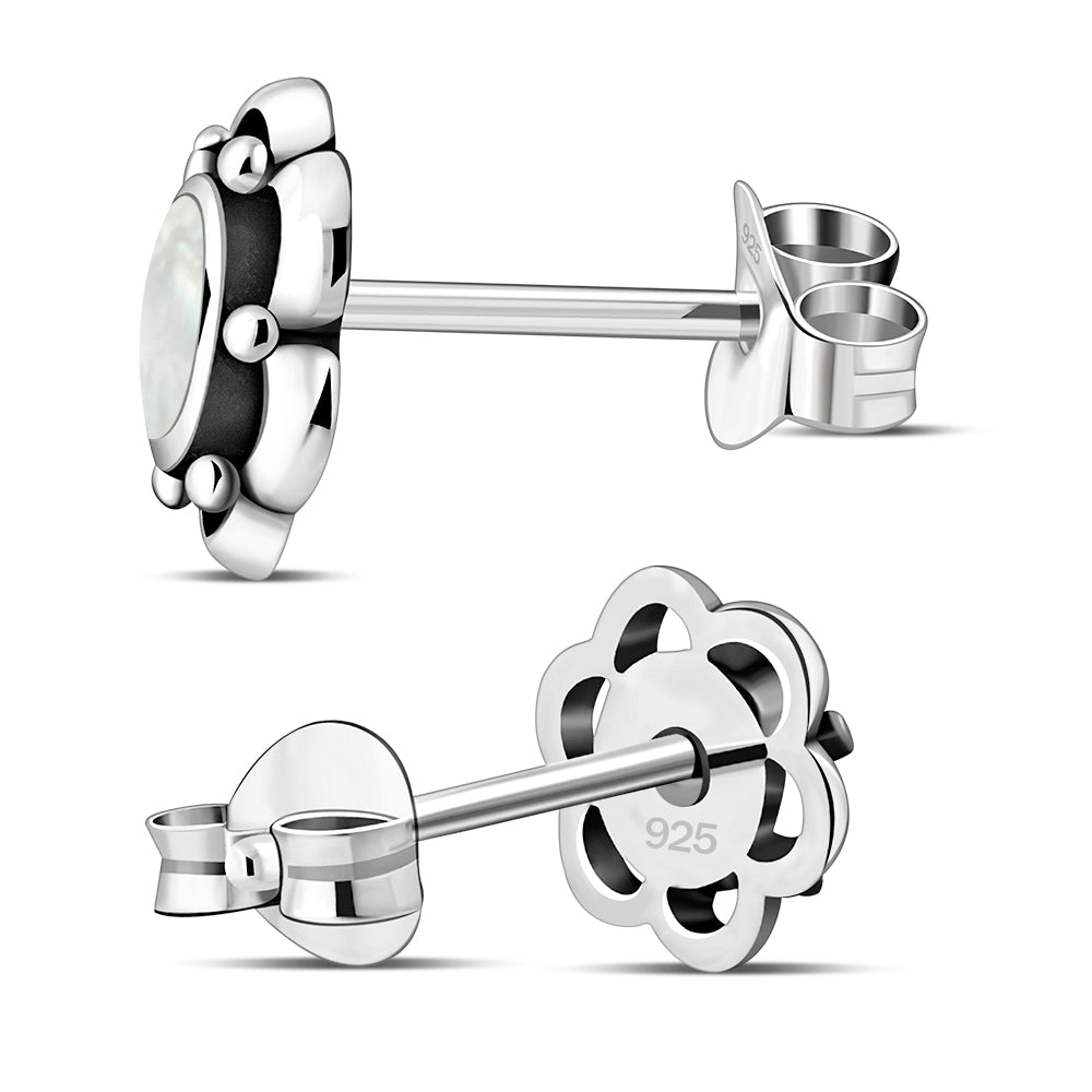 Mother of Pearl Flower Stud Silver Earrings