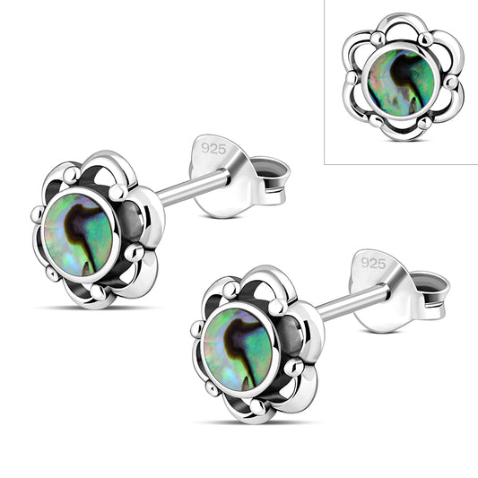 Abalone Shell Flower Stud Silver Earrings