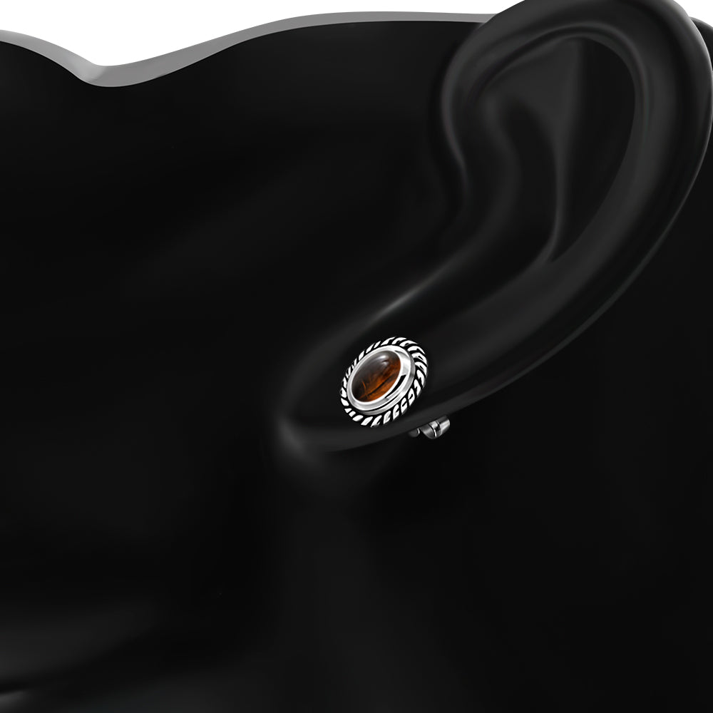 Oval Baltic Amber Stud Silver Earrings