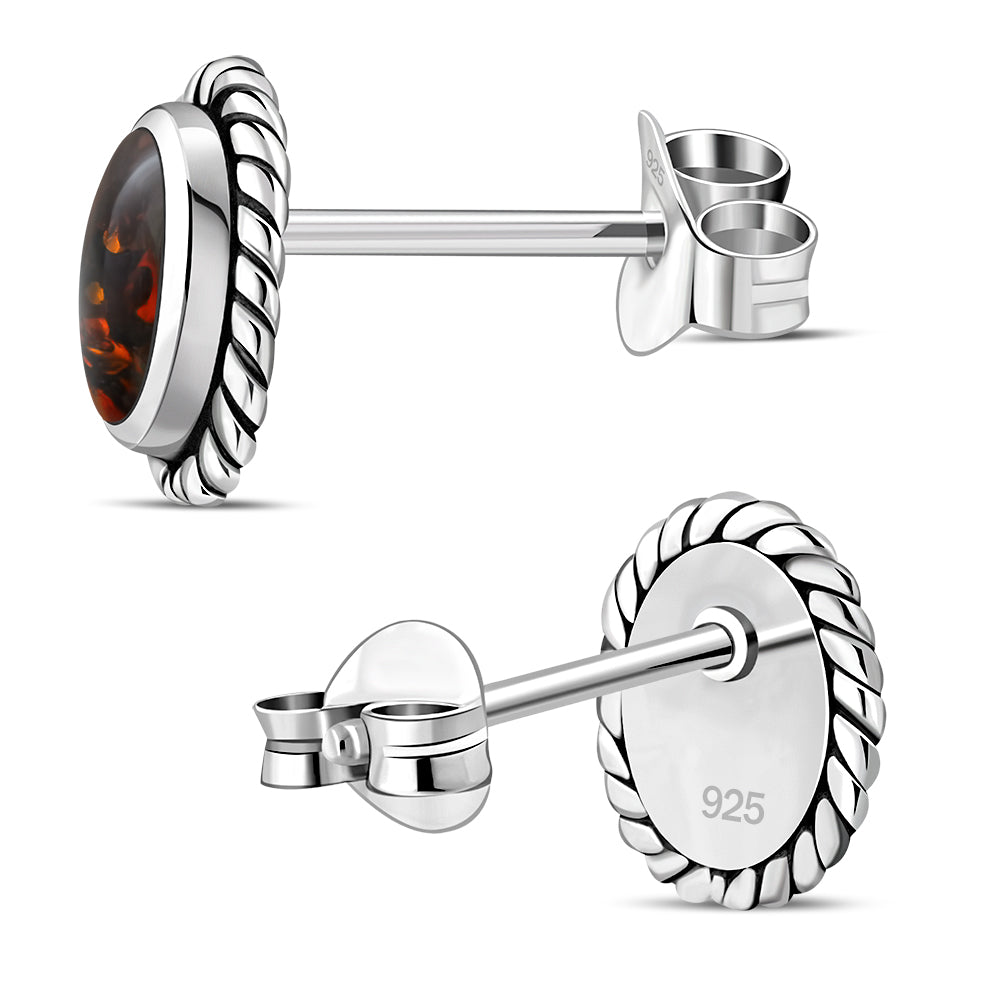 Oval Baltic Amber Stud Silver Earrings