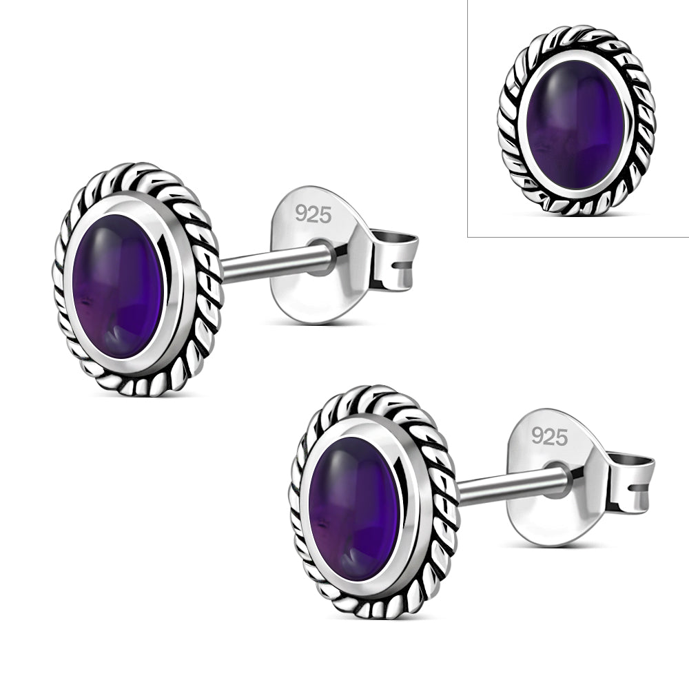 Oval Amethyst Stone Stud Silver Earrings