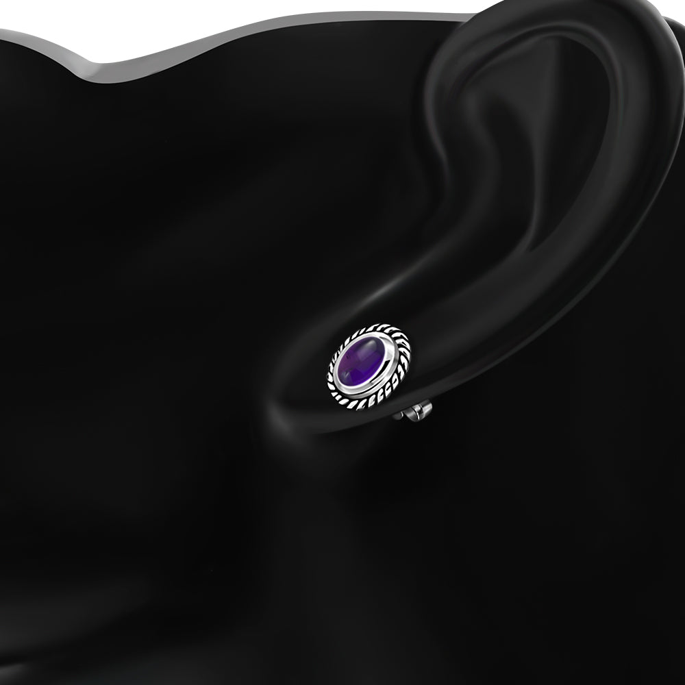 Oval Amethyst Stone Stud Silver Earrings