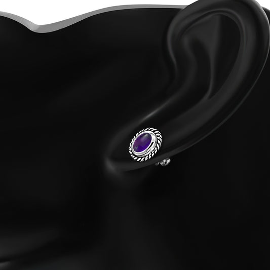 Oval Amethyst Stone Stud Silver Earrings