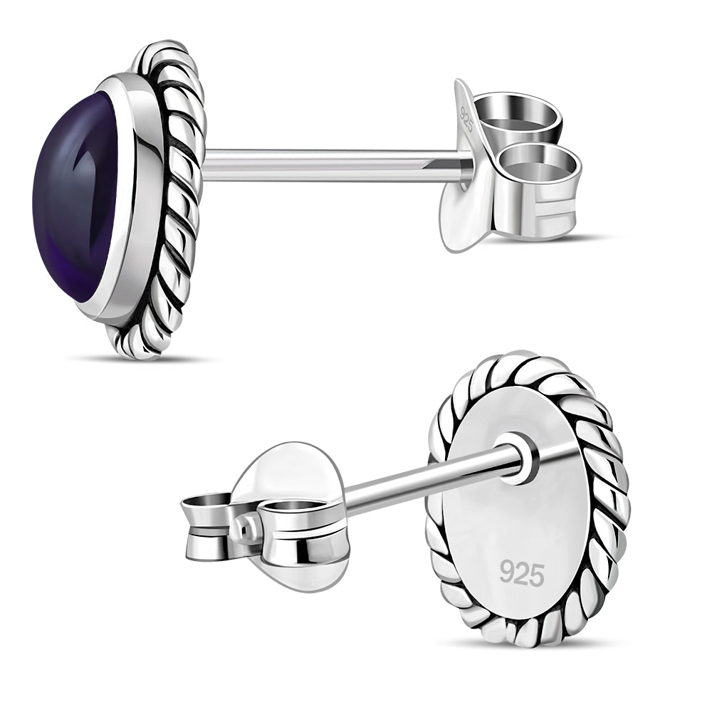 Oval Amethyst Stone Stud Silver Earrings