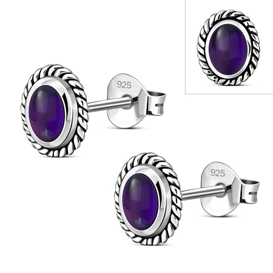 Oval Amethyst Stone Stud Silver Earrings