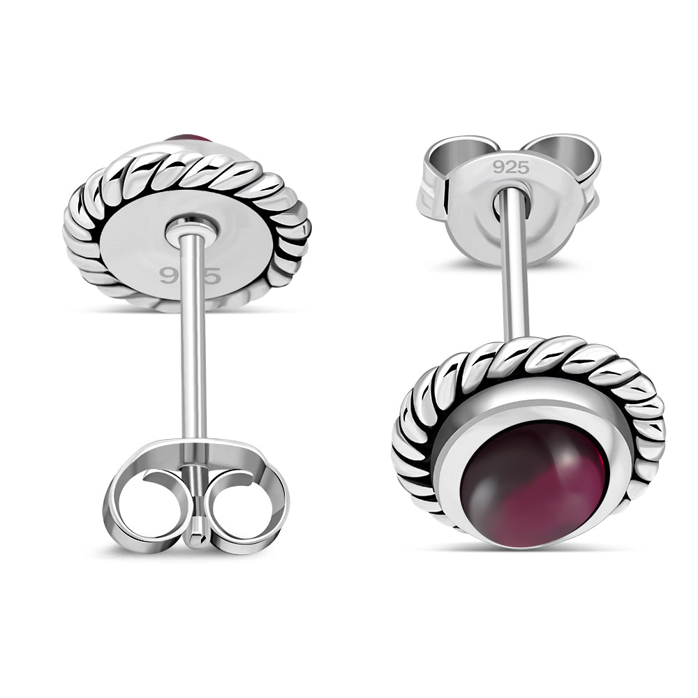 Oval Garnet Stone Stud Silver Earrings