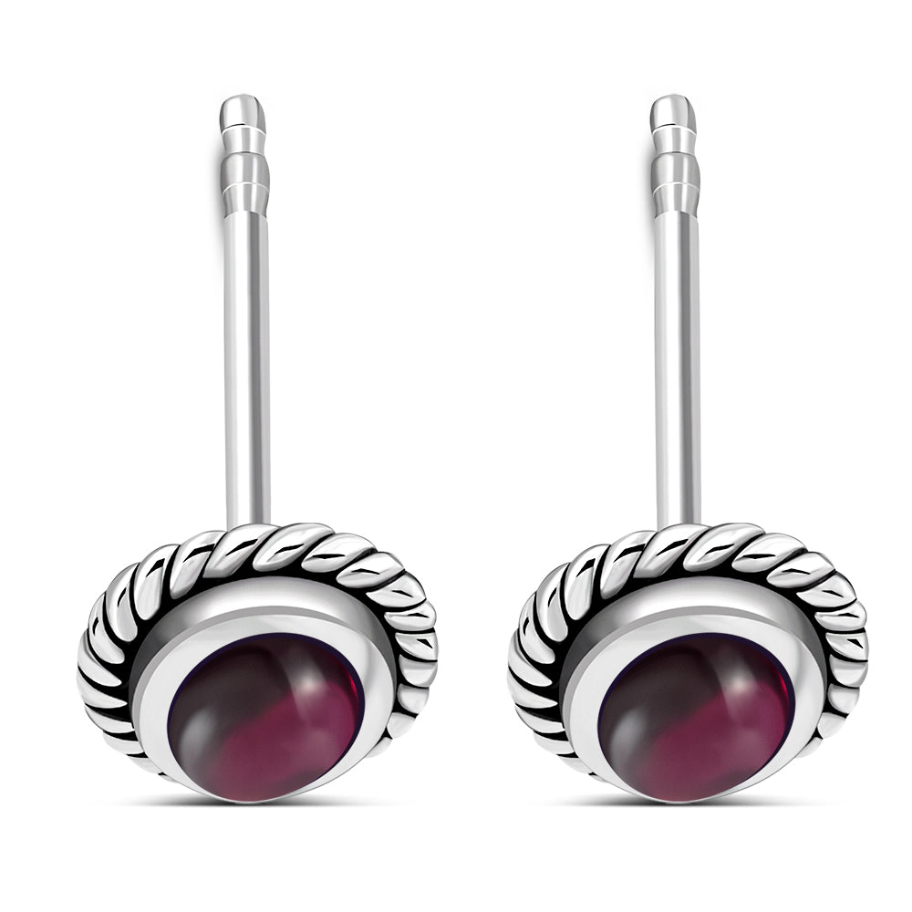 Oval Garnet Stone Stud Silver Earrings
