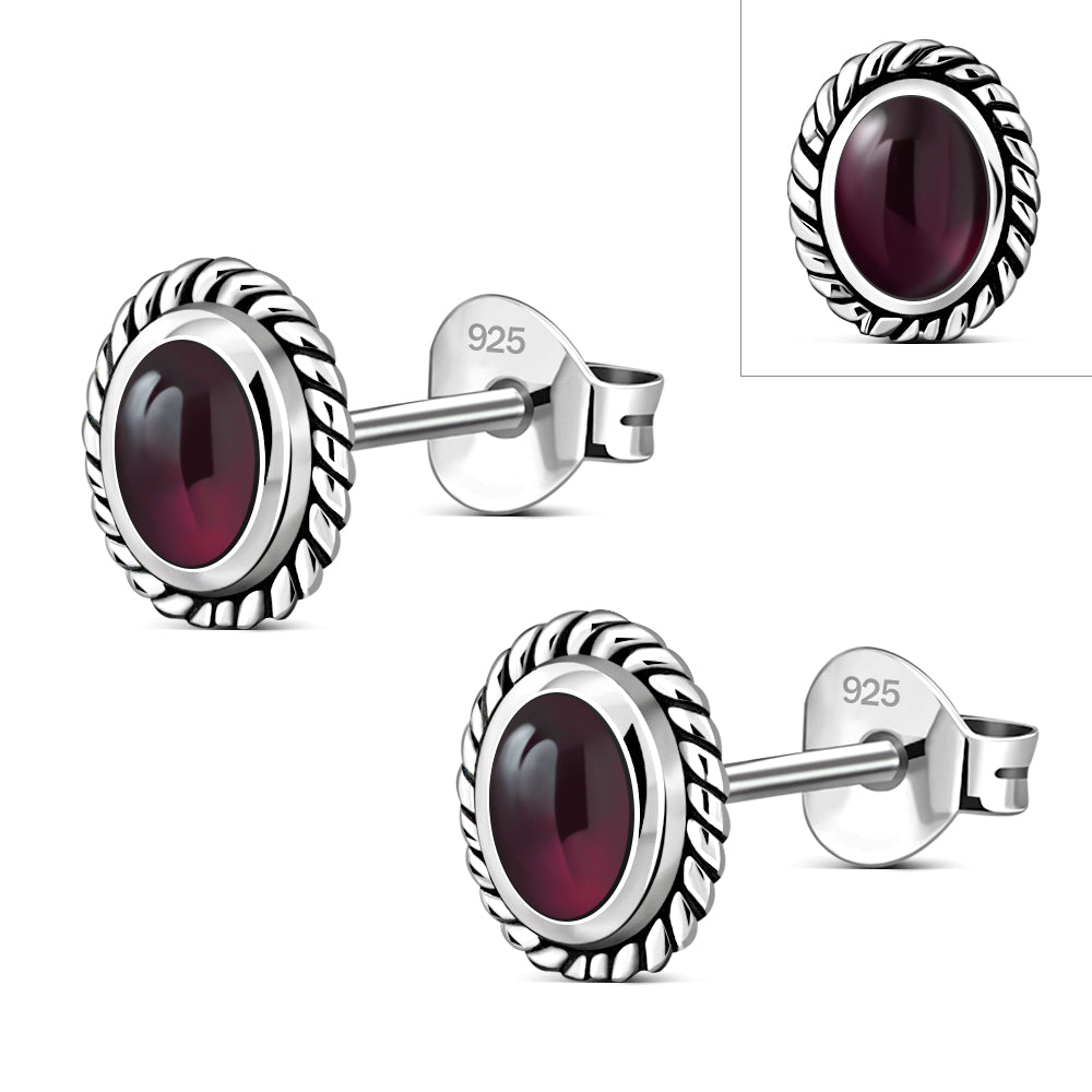 Oval Garnet Stone Stud Silver Earrings