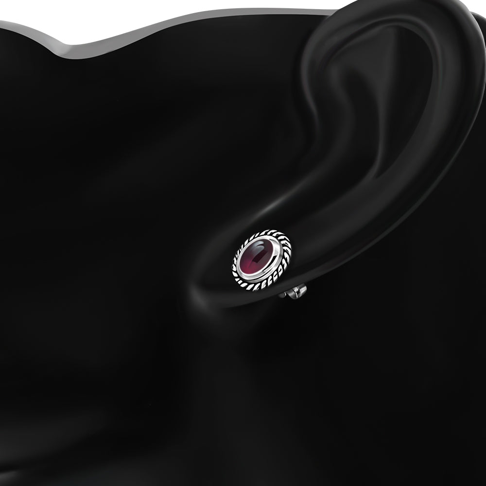 Oval Garnet Stone Stud Silver Earrings