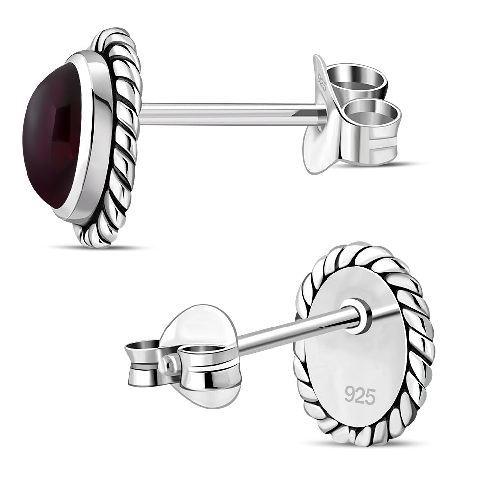 Oval Garnet Stone Stud Silver Earrings
