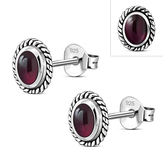 Oval Garnet Stone Stud Silver Earrings