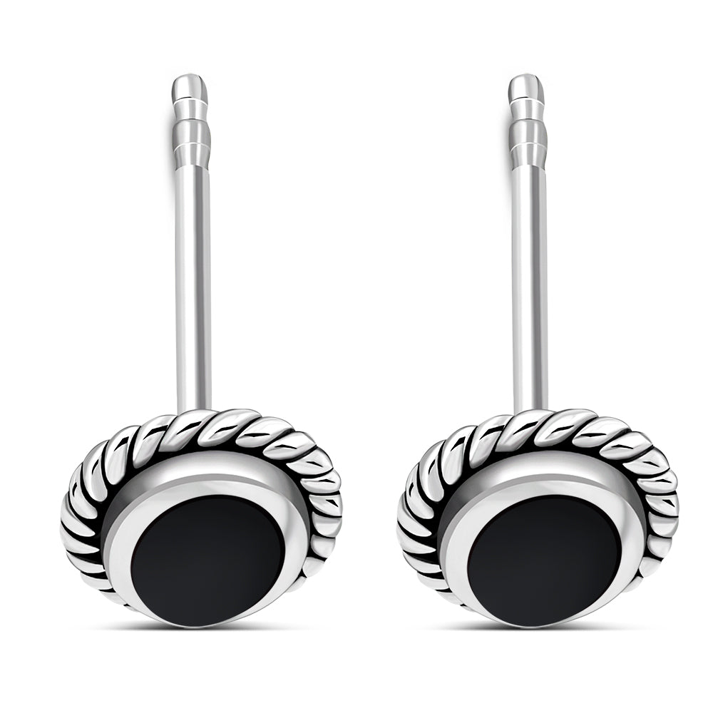 Oval Black Onyx Stud Silver Earrings