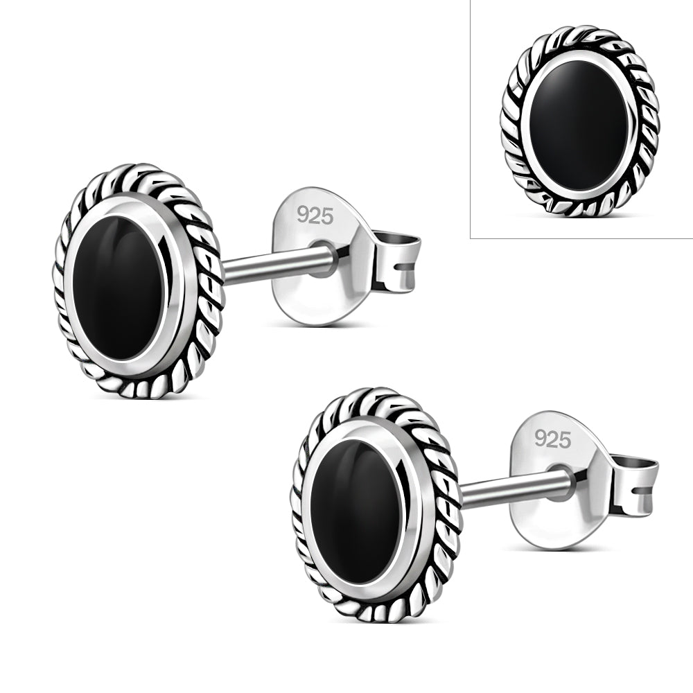 Oval Black Onyx Stud Silver Earrings