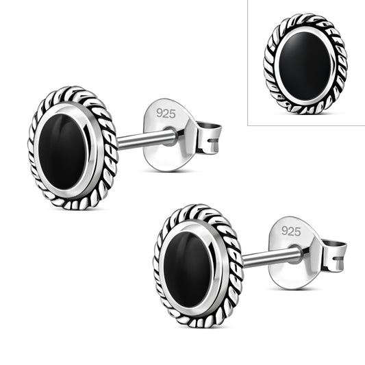 Oval Black Onyx Stud Silver Earrings