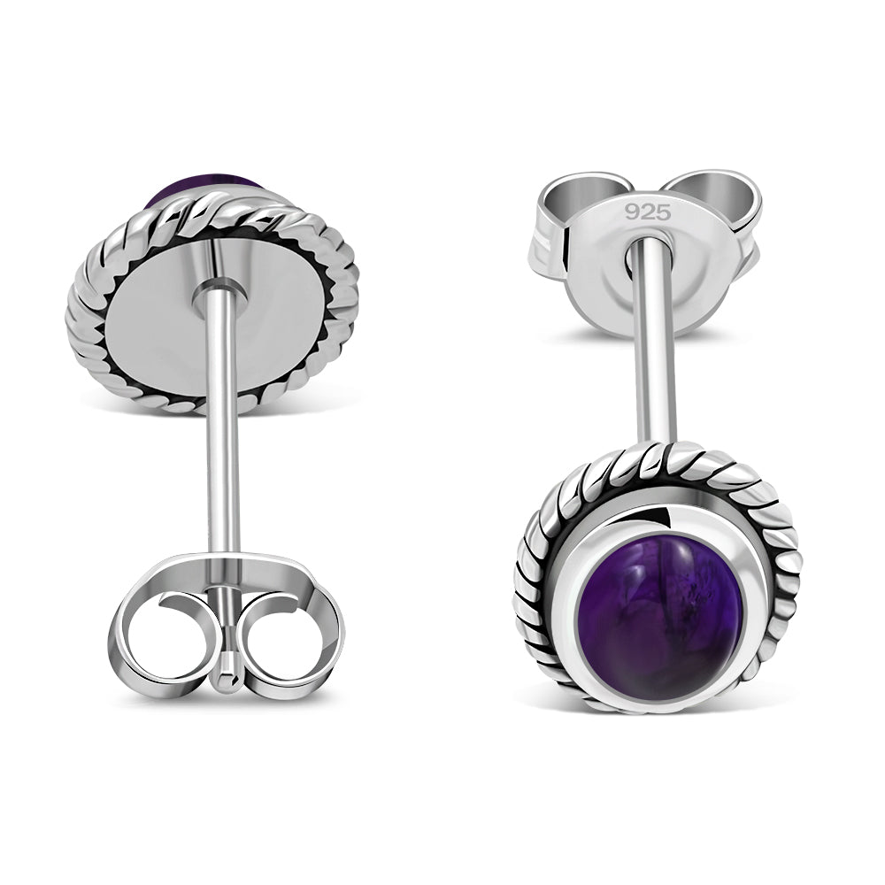 Oval Amethyst Stone Stud Silver Earrings
