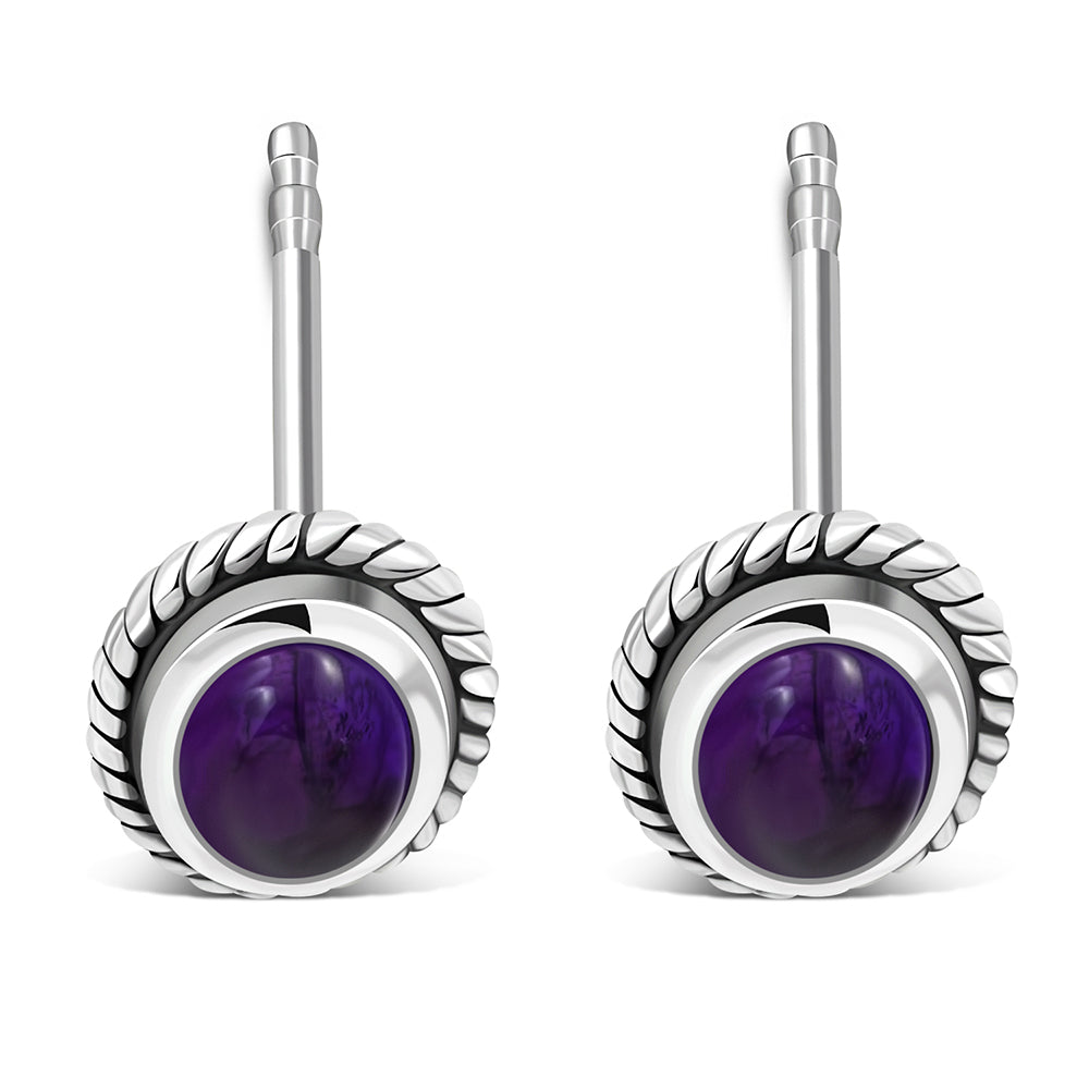 Oval Amethyst Stone Stud Silver Earrings