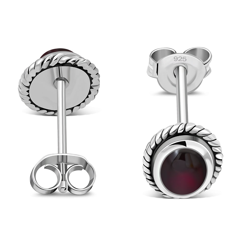 Oval Garnet Stone Stud Silver Earrings