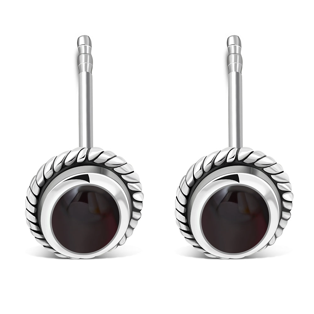Oval Garnet Stone Stud Silver Earrings