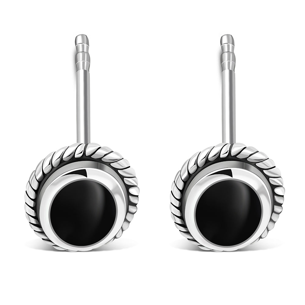 Oval Black Onyx Stud Silver Earrings