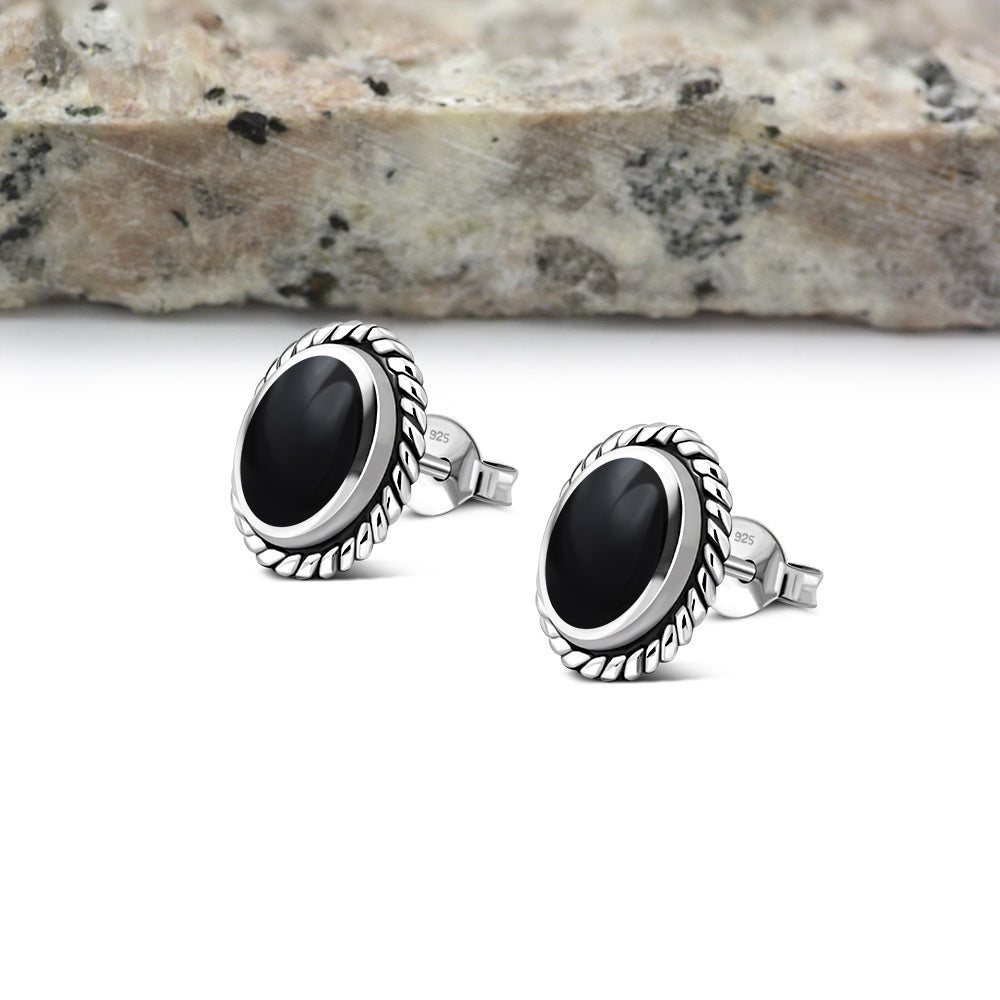 Oval Black Onyx Stud Silver Earrings