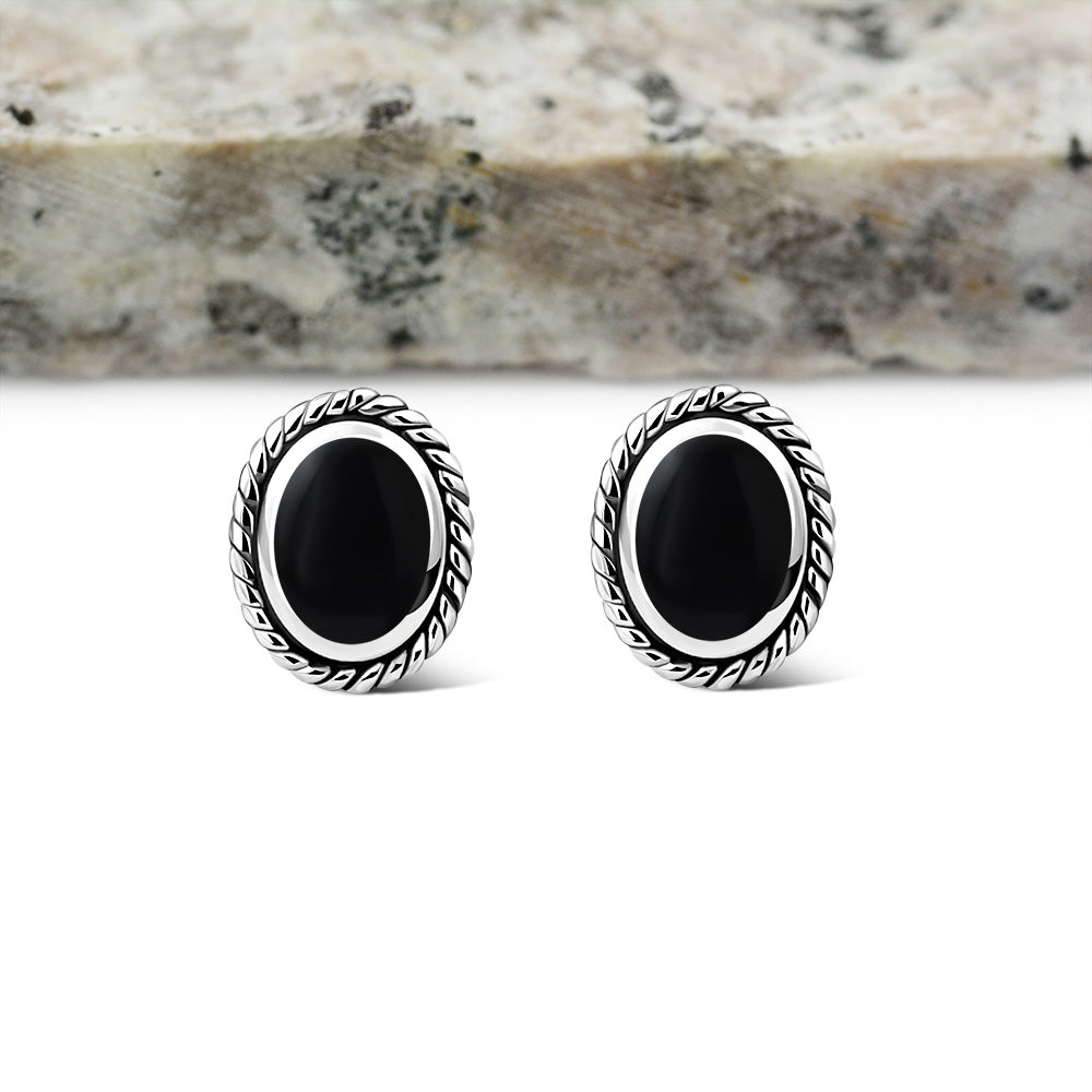 Oval Black Onyx Stud Silver Earrings