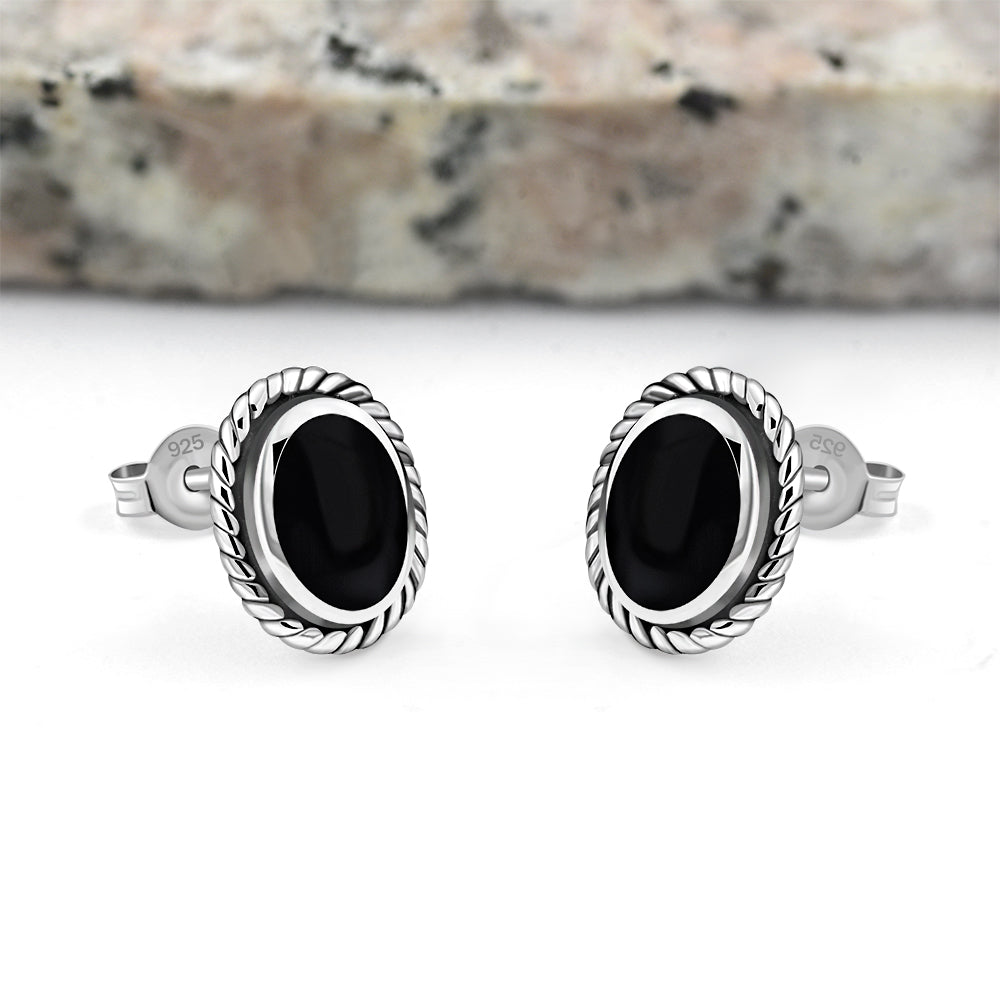 Oval Black Onyx Stud Silver Earrings