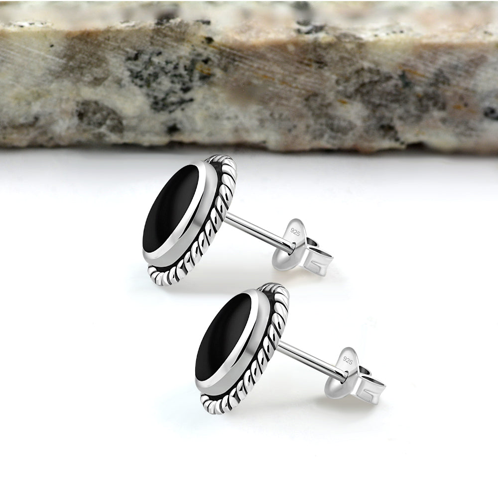 Oval Black Onyx Stud Silver Earrings
