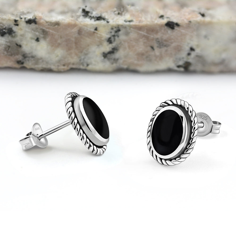 Oval Black Onyx Stud Silver Earrings
