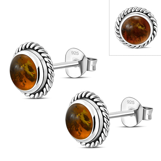 Round Baltic Amber Stud Silver Earrings