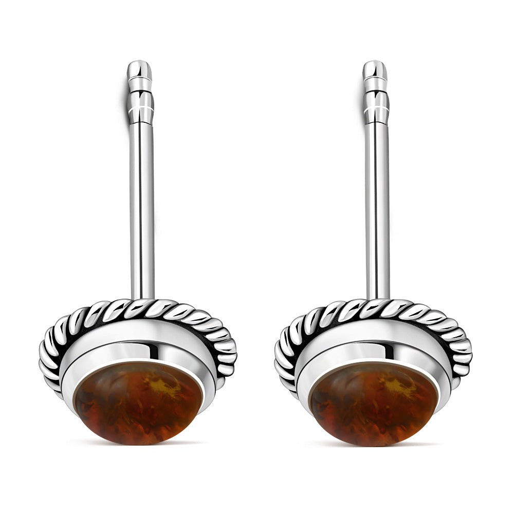 Round Baltic Amber Stud Silver Earrings