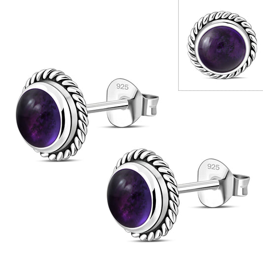 Round Amethyst Stone Stud Silver Earrings