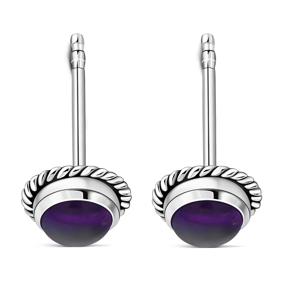 Round Amethyst Stone Stud Silver Earrings