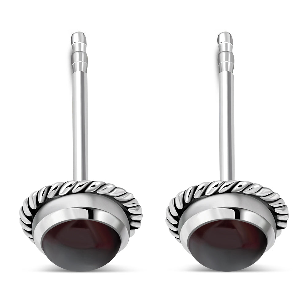 Round Garnet Stone Stud Silver Earrings