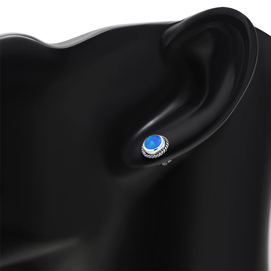 Round Synthetic Blue Opal Stud Silver Earrings