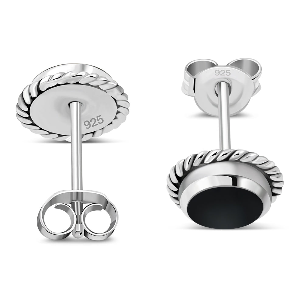 Round Black Onyx Stud Silver Earrings