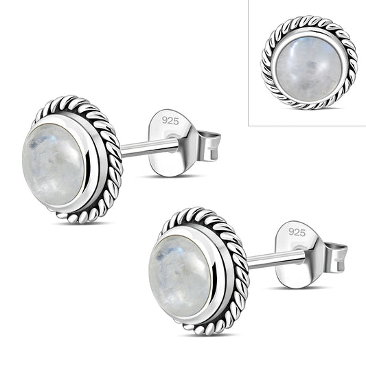 Round Rainbow Moonstone Stud Silver Earrings
