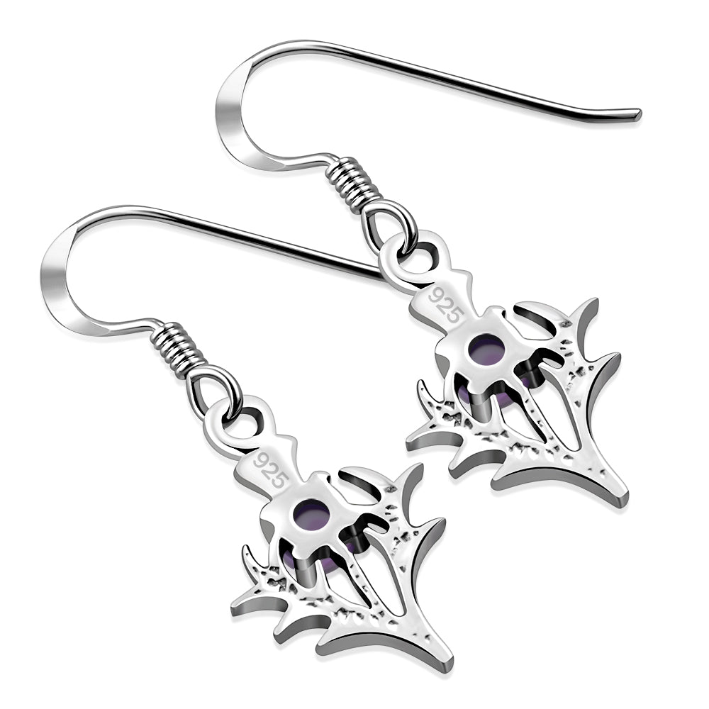 Tiny Silver Thistle Earrings set w/ Amethyst Cab Stone