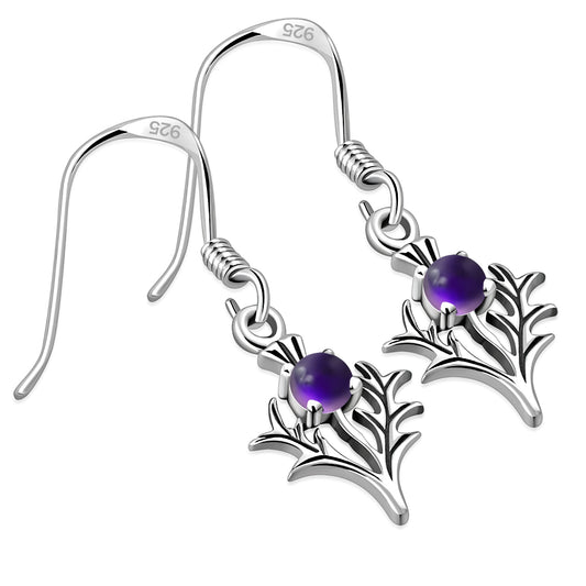 Tiny Silver Thistle Earrings set w/ Amethyst Cab Stone