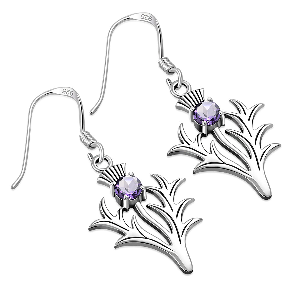 Large Thistle Silver Earrings w/ faceted Amethyst Stone